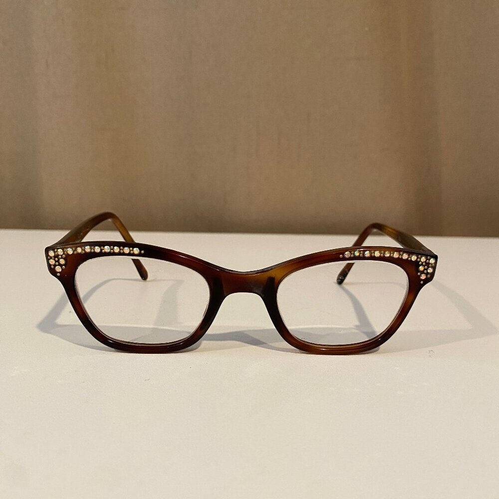 Vintage 1950s Cat Eye Glasses Horn Rimmed Rhinestone‎ USA Made